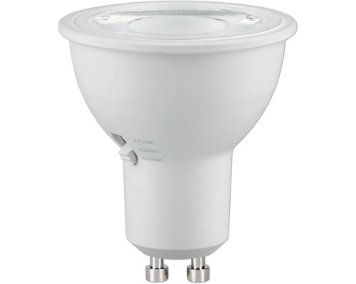 Weiße LED-Reflektorlampe GU10 mit seitlichem Schalter zur Auswahl der Farbtemperatur zwischen 2700, 3000 und 4000 Kelvin.