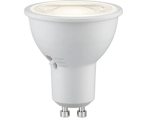 LED-Leuchtmittel GU10 mit Farbtemperaturwechsler für 2700 Kelvin, 3000 Kelvin und 4000 Kelvin.