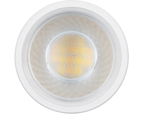 LED Reflektorlampe GU10 mit strukturierter Linse und weißem Rand.