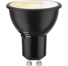 LED-Reflektorlampe mit GU10-Sockel, schwarzem Gehäuse und Schalter für Farbtemperaturen von 2700, 3000 und 4000 Kelvin.