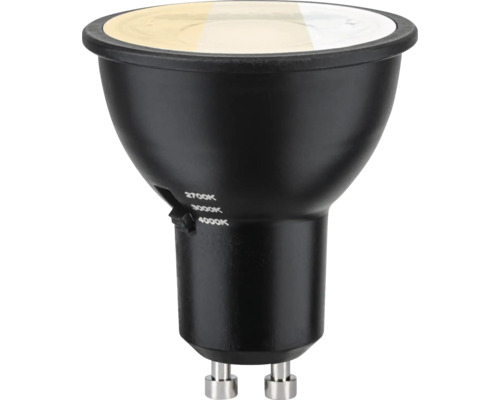 LED-Reflektorlampe mit GU10-Sockel, schwarzem Gehäuse und Schalter für Farbtemperaturen von 2700, 3000 und 4000 Kelvin.
