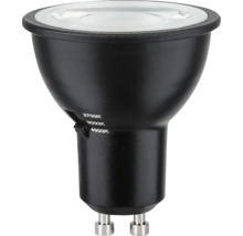 Schwarzes LED-Leuchtmittel GU10 mit Schalter für Farbtemperaturen 2700 Kelvin, 3000 Kelvin und 4000 Kelvin.