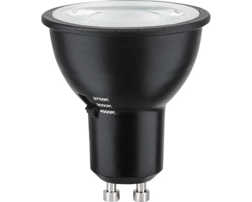 Schwarzes LED-Leuchtmittel GU10 mit Schalter für Farbtemperaturen 2700 Kelvin, 3000 Kelvin und 4000 Kelvin.