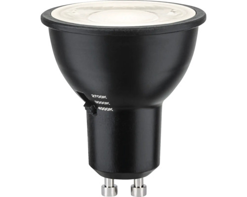 LED-Leuchtmittel GU10 in Schwarz mit Schalter für Farbtemperatur 2700 Kelvin, 3000 Kelvin und 4000 Kelvin.
