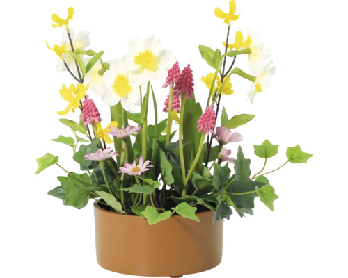 Blumenarrangement mit verschiedenen Kunstblumen in einem Topf