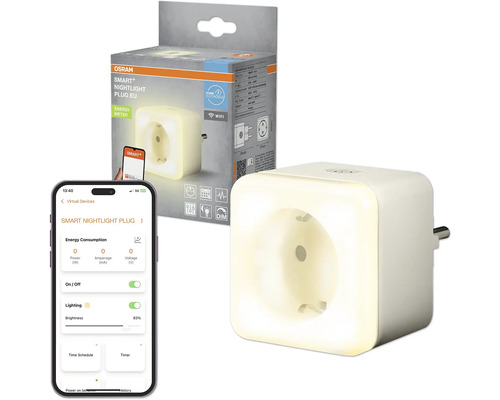 OSRAM SMART+ Nightlight Plug EU mit WiFi, Energiemessfunktion und App-Steuerung auf einem Smartphone neben der Verpackung.