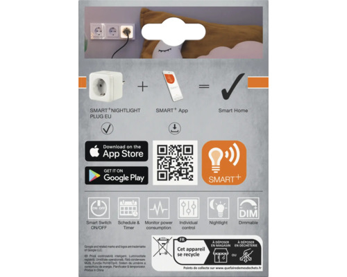 Smart plus Nachtlicht-Stecker EU mit App-Steuerung, Zeitschaltuhr, Stromverbrauchskontrolle, individueller Steuerung und Dimmfunktion.