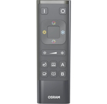 Graue OSRAM Fernbedienung zur Lichtsteuerung mit Tasten für Helligkeit, Farbtemperatur und Lichtszenen. OSRAM Logo.