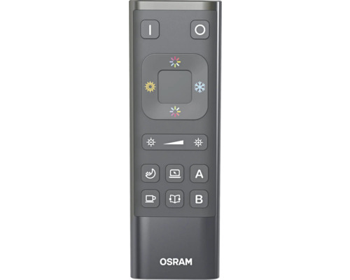 Graue OSRAM Fernbedienung zur Lichtsteuerung mit Tasten für Helligkeit, Farbtemperatur und Lichtszenen. OSRAM Logo.