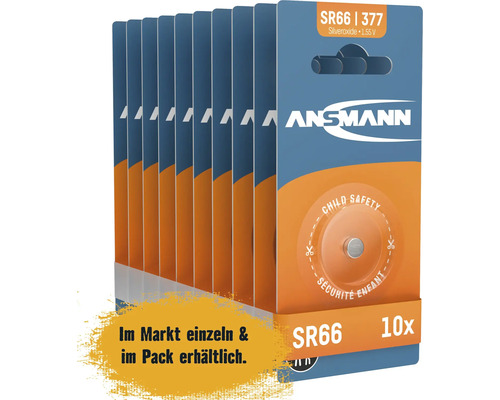 Ansicht einer Packung mit zehn SR66 Knopfzellen von Ansmann