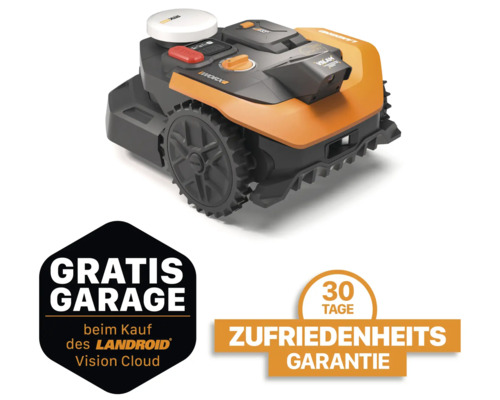 Worx Landroid Vision Mähroboter mit Aktionshinweisen zu kostenloser Garage und Zufriedenheitsgarantie