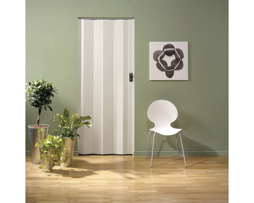 Innenraum mit Falttür, Stuhl und Zimmerpflanzen