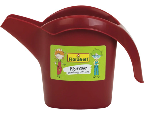 Kleine rote Kindergießkanne aus Kunststoff von FloraSelf Floralie mit Ausgießer und Griff.