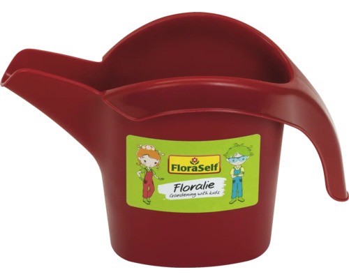 FloraSelf Kindergießkanne Floralie aus rotem Kunststoff mit Ausguss und Griff.