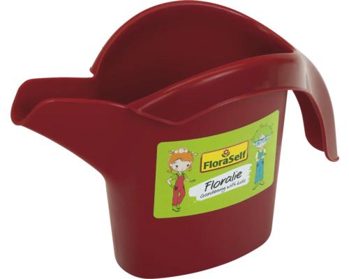 FloraSelf Kindergießkanne Floralie aus rotem Kunststoff mit integriertem Griff und Ausguss.