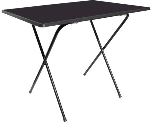 Schwarzer Klapptisch mit rechteckiger Tischplatte und x-förmigem Metallgestell.