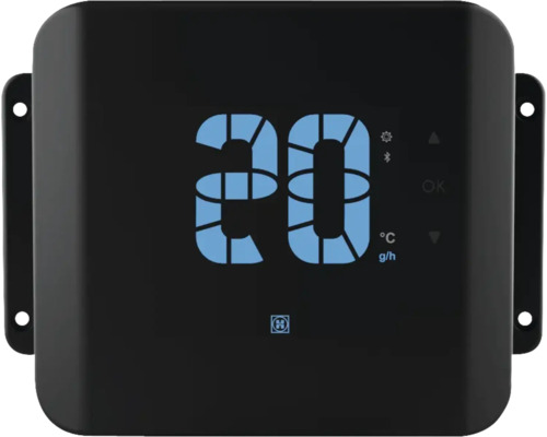 Hayward Logo auf digitalem Steuergerät für Pools mit Anzeige von 20 Grad Celsius oder Gramm pro Stunde und Bluetooth.