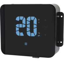 Schwarzes digitales Steuergerät für Pools mit blauer Anzeige von 20 Grad Celsius oder Gramm pro Stunde, Bluetooth und Hayward Logo.