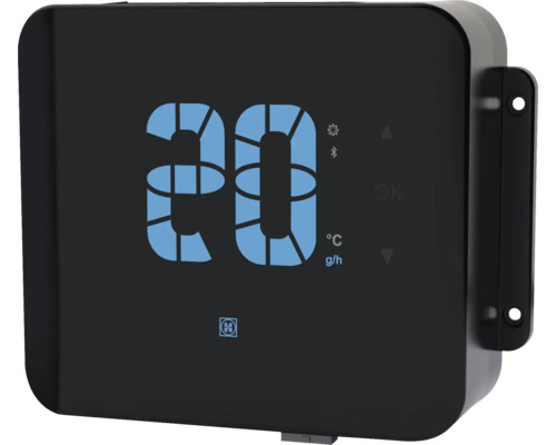 Schwarzes digitales Steuergerät für Pools mit blauer Anzeige von 20 Grad Celsius oder Gramm pro Stunde, Bluetooth und Hayward Logo.