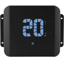Digitale Bedieneinheit mit Anzeige von 20 Grad Celsius und Gramm pro Stunde, Bluetooth-Symbol, Einstellungen und Harvia Logo.