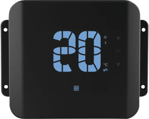 Digitale Bedieneinheit mit Anzeige von 20 Grad Celsius und Gramm pro Stunde, Bluetooth-Symbol, Einstellungen und Harvia Logo.