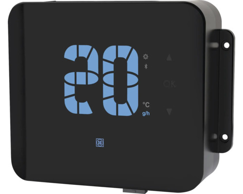 Schwarze digitale Steuereinheit mit blauer Anzeige der Zahl 20, Symbolen für Grad Celsius, Gramm pro Stunde, Bluetooth und Hersteller-Logo.
