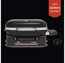 Weber Lumin Elektrogrill mit Deckel, Griff und Temperaturregler sowie Hinweis auf eine Cashback Aktion.