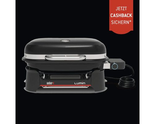 Weber Lumin Elektrogrill mit Deckel, Griff und Temperaturregler sowie Hinweis auf eine Cashback Aktion.