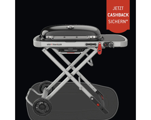 Weber Traveler klappbarer Gasgrill mit Rollwagen und Seitentisch. Hinweis auf Cashback Aktion.