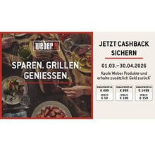 Weber Logo. Cashback-Aktion vom 1. März bis 30. April 2026 für Weber Produkte. Rückvergütung je nach Einkaufswert zwischen 50 Euro und 150 Euro.