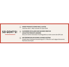 Anleitung zur Weber Frühlingsaktion. Produkte kaufen, Kassenbon hochladen und Cashback nach vier bis sechs Wochen erhalten.