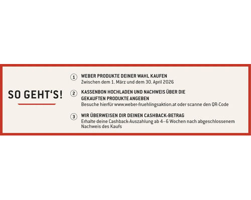 Anleitung zur Weber Frühlingsaktion. Produkte kaufen, Kassenbon hochladen und Cashback nach vier bis sechs Wochen erhalten.