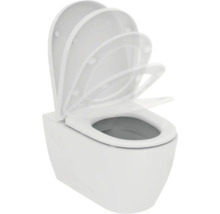 Wand-WC mit Toilettendeckel und Absenkautomatik aus weißer Keramik.