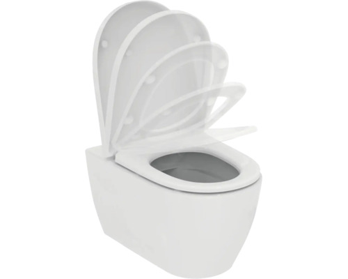 Wand-WC mit Toilettendeckel und Absenkautomatik aus weißer Keramik.