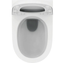 Draufsicht auf eine weiße spülrandlose Toilette mit geöffnetem Toilettensitz.