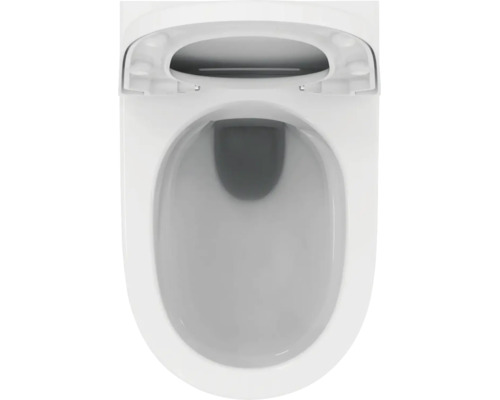 Draufsicht auf eine weiße spülrandlose Toilette mit geöffnetem Toilettensitz.