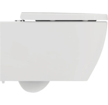 Wand-WC aus Sanitärkeramik in Weiß inklusive flachem WC-Sitz, Seitenansicht.