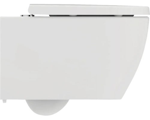 Wand-WC aus Sanitärkeramik in Weiß inklusive flachem WC-Sitz, Seitenansicht.