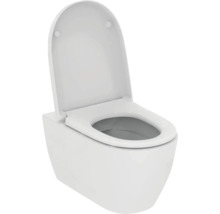 Wandhängende Toilette aus weißer Keramik mit geöffnetem Deckel und Sitz.
