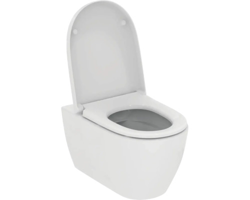 Wandhängende Toilette aus weißer Keramik mit geöffnetem Deckel und Sitz.