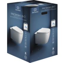 Ideal Standard Wand-Toilette i.life O aus Keramik inklusive Toilettensitz in der Produktverpackung mit Ideal Standard Logo und HydroTwist Logo.