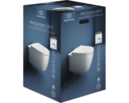 Ideal Standard Wand-Toilette i.life O aus Keramik inklusive Toilettensitz in der Produktverpackung mit Ideal Standard Logo und HydroTwist Logo.