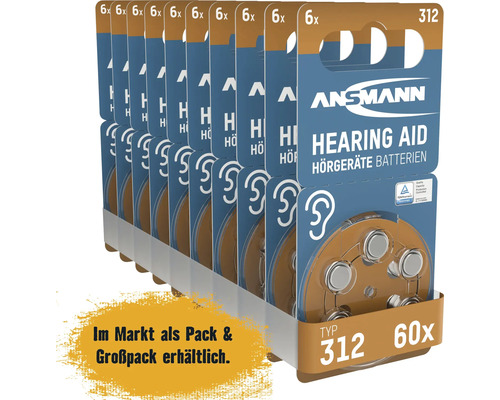 Zehn Ansmann Hörgerätebatterien Typ 312 mit jeweils sechs Batterien