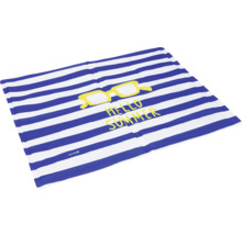 Strandtuch mit blau-weißen Streifen, Sonnenbrillenmotiv und dem Schriftzug Hallo Sommer