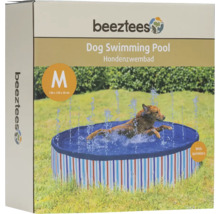 Be упаковка з д Be упаковка з д логотипом, auf der ein Hund in einem Hundepool mit Sprinklern schwimmt