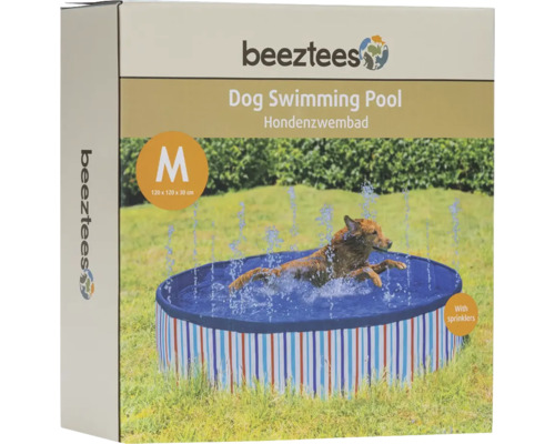 Be упаковка з д Be упаковка з д логотипом, auf der ein Hund in einem Hundepool mit Sprinklern schwimmt