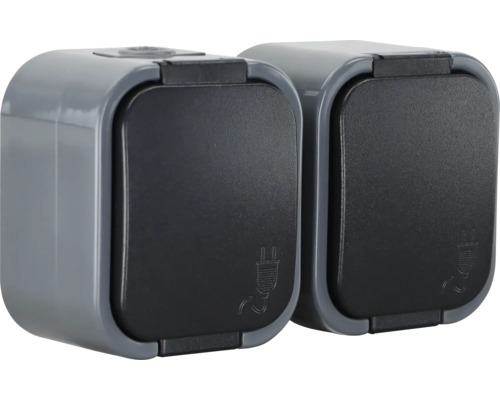 Zwei graue Steckdosen für den Außenbereich mit Klappdeckel