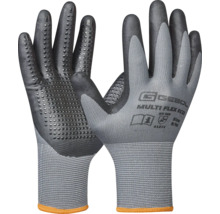 Ein Paar graue Arbeitshandschuhe mit Noppen für besseren Halt.