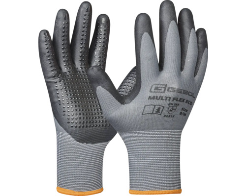 Ein Paar graue Arbeitshandschuhe mit Noppen für besseren Halt.