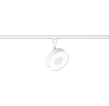 Weißer runder LED-Strahler für Schienensysteme.